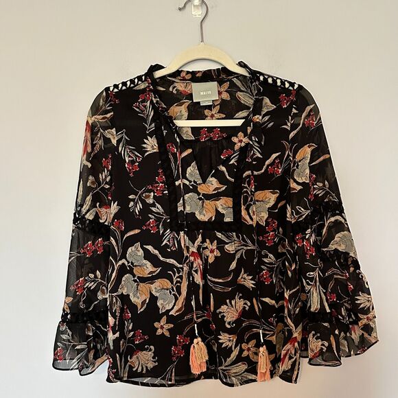 Maeve Odette Floral Peasant Blouse Womens XS Black Boho Whimsigoth Sheer Tassels - Picture 1 of 11